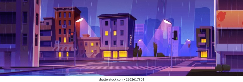 Night city street crossroad scene with car traffic. Evening in rainy town with lamp light on road cartoon vector background. Dark house with apartment and coffee shop. Urban panorama view.