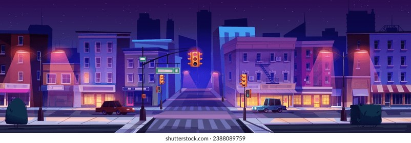 Night city street intersection. Vector cartoon illustration of cars on illuminated town road, modern office and apartment building facades with cafe and shops, traffic signs and lights, starry sky