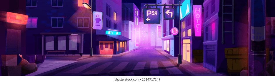 Night city street with neon building background. Perspective town view. Future urban landscape panorama with glow signboard and crosswalk on asphalt road. Dark district architecture backdrop for game