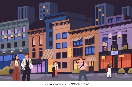 Night city street with people. Cityscape, urban landscape, characters walking, going along buildings in summer evening. Nighttime life, young modern men and women strolling. Flat vector illustration