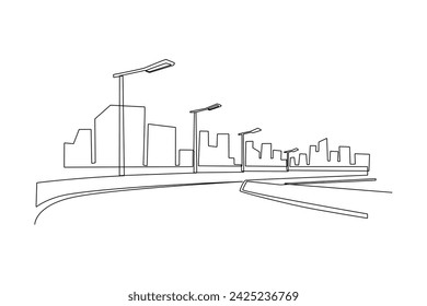 Night city street perspective view with neon illumination and street lights. Modern megalopolis district with multistorey houses glow with bright lights, snowflake lamps, Cartoon vector illustration