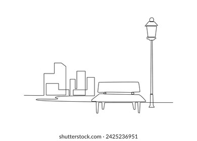 Night city street perspective view with neon illumination and street lights and city park. Modern megalopolis district with multistorey houses glow with bright lights, snowflake lamps, Cartoon vector 