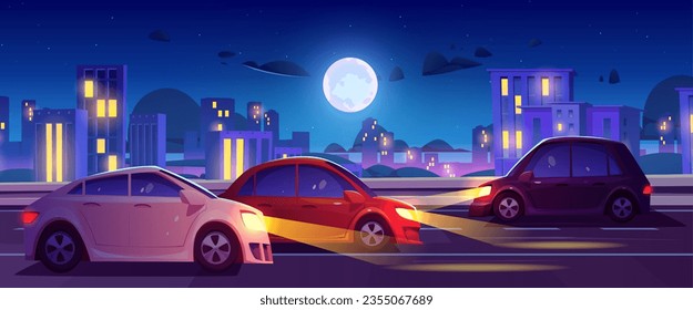 Night city street road with building vector scene. Modern 2d urban panoramic landscape view on highway traffic with headlight beam and skyscraper architecture exterior. Full moon light in town sky