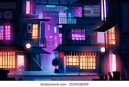 Night city street with road and building scene front view background. Neon light in dark urban downtown cityscape illustration. 2d skyscraper facade with glowing window and residential architecture