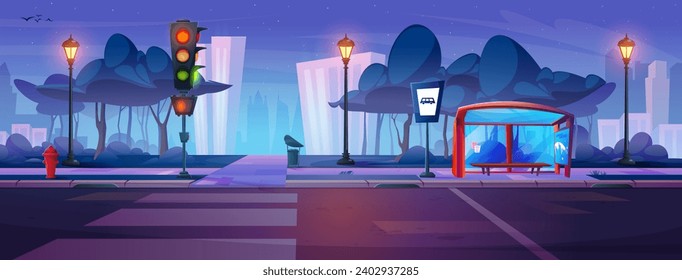 Night city street with road crossing and dark park. Vector cartoon illustration of pedestrian crosswalk in summer town, traffic light, bus stop on pedestrian pavement, buildings under starry sky