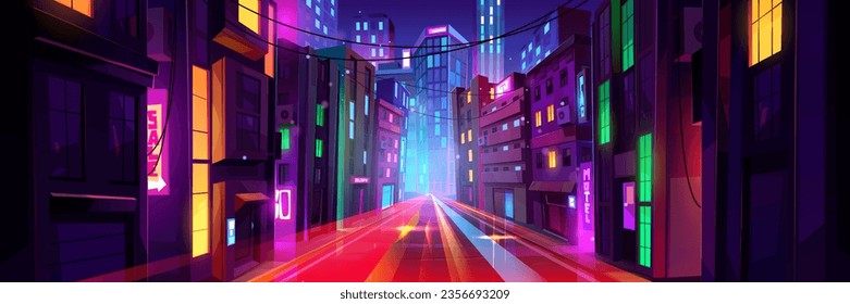 Night city street with traffic speed effect. Vector cartoon illustration of futuristic metaverse city district, illuminated skyscrapers and colorful signboards, car light traces from fast motion