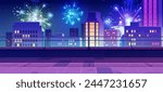 Night city street view from rooftop balcony illustration. Roof terrace scene and festival fireworks party display. Outside skyscraper exterior with birthday event celebration. Futuristic neon panorama
