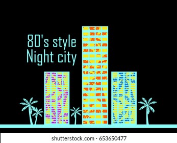 Night city in the style of the 80s. Houses with palm trees poster. Vector illustration