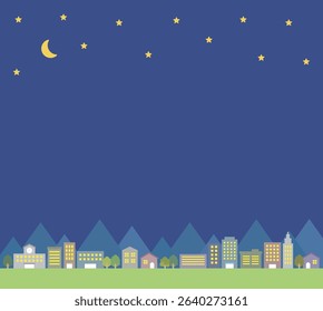 Night city and town landscape background. There are stars and moon in the night sky, and there are buildings, schools, houses, trees and street trees in the town.