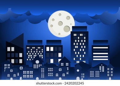 Night city town skyline with a full moon with stars on a cloudy night sky.