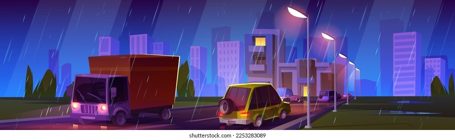 Tráfico nocturno en tiempo lluvioso. Ilustración de dibujos animados de coches y camiones que conducen por una carretera oscura iluminada con lámparas de calle, fondo de paisaje urbano con edificios de altura bajo la lluvia