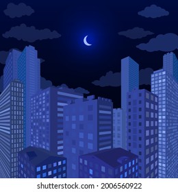 Night city under the moon. Vector graphics. Flat illustration.