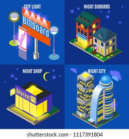 Night city with urban infrastructure elements shop sky scrapers and suburb isometric design concept isolated vector illustration