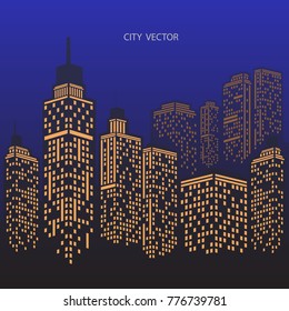 
Night city Urban landscape. Blue city silhouette.