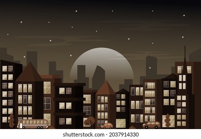 Night City Urban Skyscraper Building Cityscape View Flat Design Illustration