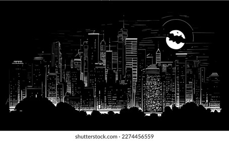 Night city vector black line illustration isolated white. Sketch art