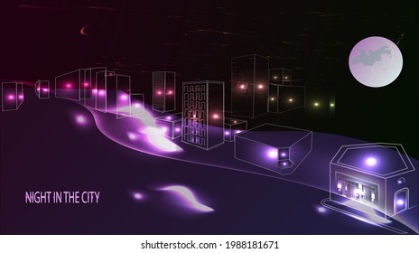Night city. Vector dark background with outlines of buildings and neon lights.

