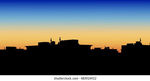 Night City. Vector illustration of apartment blocks in a town at evening.
