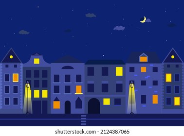 Ilustración vectorial de la ciudad nocturna. Paisaje urbano con grandes edificios modernos y farolillos brillantes por la noche. concepto de ciudad