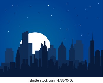 Night city vector illustration. Night cityscape in flat style. Night city silhouette. Night city skyline abstract background. Modern night city landscape. Dark urban scape. - stock vector