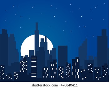 Night city vector illustration. Night cityscape in flat style. Night city silhouette. Night city skyline abstract background. Modern night city landscape. Dark urban scape. - stock vector