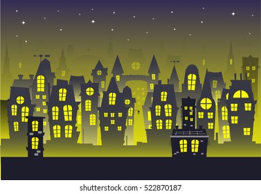 Night city vector illustration. Cityscape in flat style.Vector