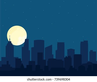Night city vector illustration. Night cityscape in flat style. Night city silhouette. Night city skyline abstract background.