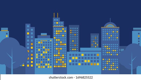 Night city vector illustration. Dark urban scape. Night cityscape in flat style, abstract background.