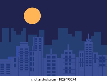 Night city vector illustration. Dark urban scape. Modern city with skyscrapers with night atmosphere clear sky and round moon urban buildings landscape, abstract background cityscape in flat style