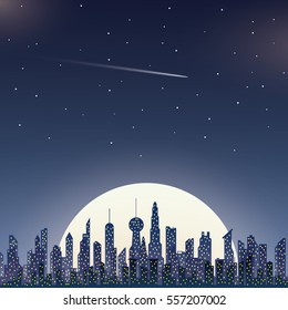 Night city vector illustration. Dark urban scape. Night cityscape in flat style.