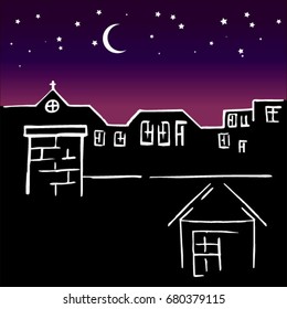 Night city vector illustration. Dark urban scape.