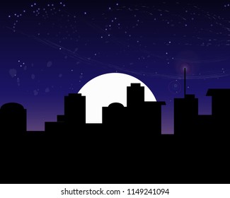 Night city vector illustration. Night city skyline abstract background. Modern night urban city landscape. Full moon night background.