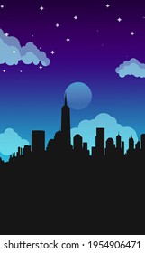 Night City vector illustration with tall buildings and many decorations. Silhouettes of buildings, a variety of shapes and sizes, solid color outlines, and curves for decoration in the sky.