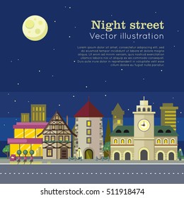 Night city vector illustration web banner. City street at day and night. Urban city landscape. Building architecture in unusual fashionable design. Modern town. Metropolis panorama. Flat style poster