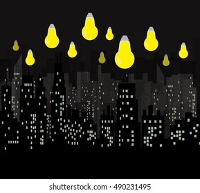 Night city vector illustration.Light bulb above the city.Vector black Skyscrapers silhouette.Dark urban scape. Modern cityscape in flat style.Skyline abstract background.