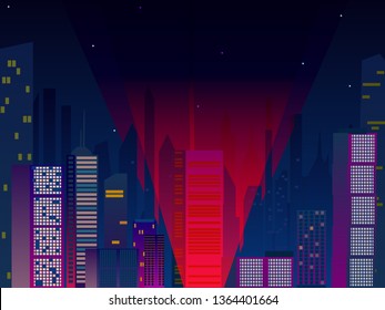 Night city vector neon. Skyscrapers lighting glowing flat.