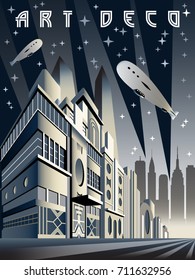 Night city. Vertical cityscape background. Handmade drawing vector illustration. Art Deco style.