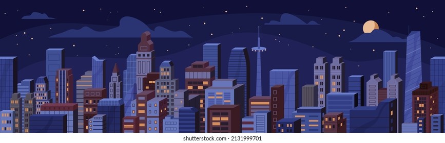 Night city view with business buildings, skyscrapers, towers. Urban landscape of financial downtown and sky at midnight. New York metropolis panorama, seamless pattern. Flat vector illustration