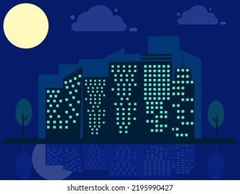 vista nocturna de la ciudad, ciudad nocturna por río, edificios urbanos nocturnos por noche