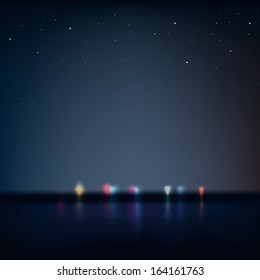 Night city view from the coast, vector illustration. 