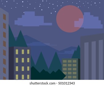 Night city view in flat pixel design. Red moon over the city surrounded by clouds with starry sky on the background.