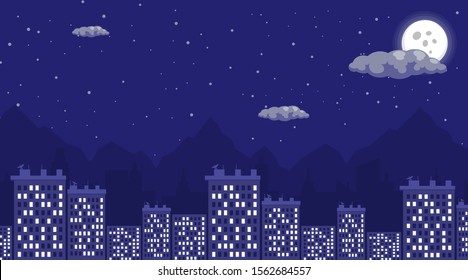 Night city view flat vector illustration. Sleeping quarters at night, cityscape with full moon and starry sky. Residential multi-storey apartment, building, megapolis houses architecture
