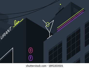 Night city view, neon signs on dark buildings, cafe, bars, and restaurants