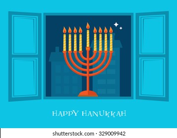 night city view of open window  with Hanukkah  menorah