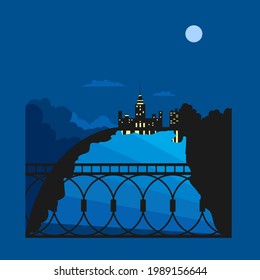 night city. view of the river from the bridge. vector image of a city on a moonlit night