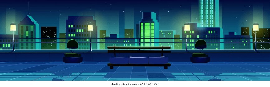 Vista de la ciudad nocturna desde la terraza de la azotea. Dibujo vectorial de un balcón salón sobre rascacielos con sofá, arbustos, barandillas y lámparas, paisaje urbano moderno bajo cielo estrellado oscuro, calle urbana