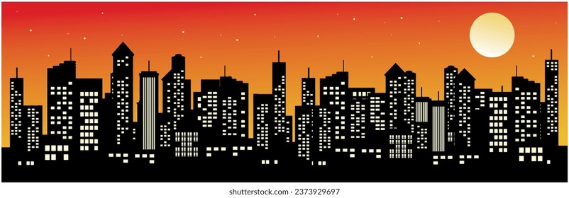 Vista nocturna de la ciudad. El contorno de silueta de la metrópolis que nunca duerme está decorado con hermosas lunas y estrellas. vector, fondo