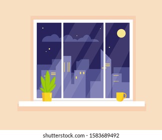 Night city view throught the window. Vector illustration.