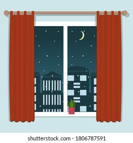 night city view from the window in flat style, isolated on a white background, color vector illustration, clipart, banner, design, decoration