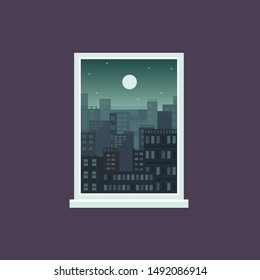 Night city from window view  green tinted architecture background in rectangle frame  cartoon landscape and many buildings under full moon   stars  vector illustration